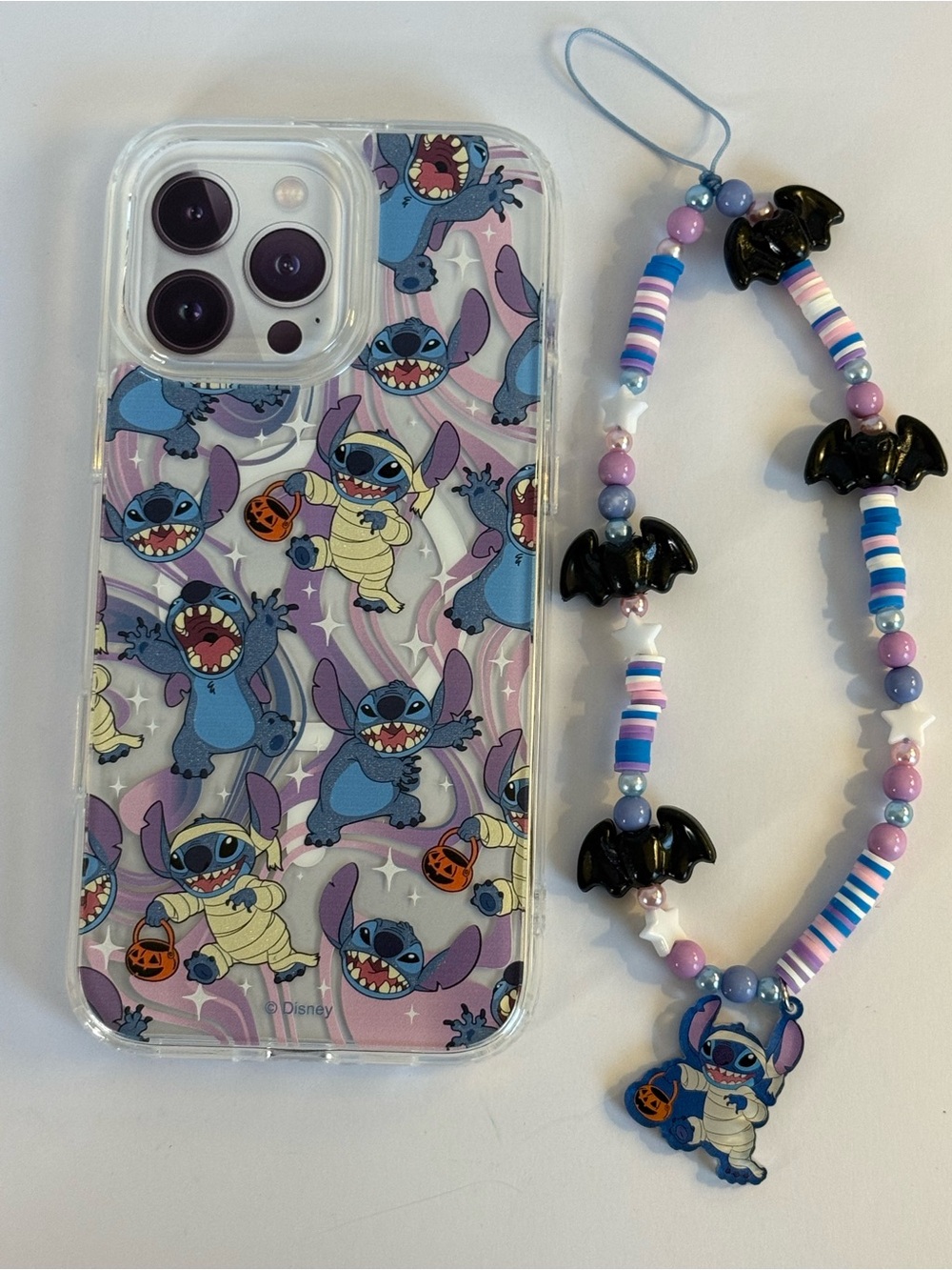 Disney Halloween Stitch Phone Case with Beaded Bat Strap - Purple/Blue